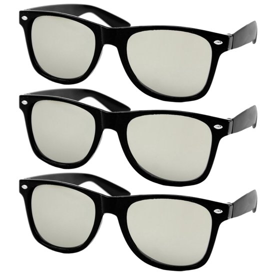 Fako Fashion - 3x Heren Zonnebril - Dames Zonnebril - Classic - UV400 - Mat Zwart - Zilverkleurige Spiegelglazen - 3 Stuks van Merkloos