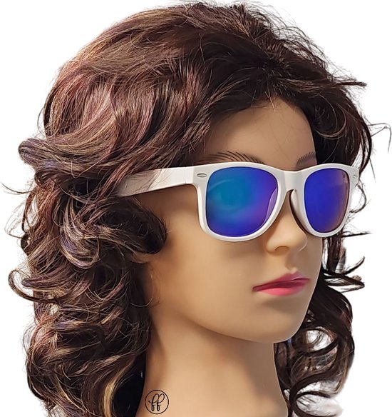 Fako Fashion® - Heren Zonnebril - Dames Zonnebril - Classic - UV400 - Wit Frame - Blauw/Paars Spiegel van Fako Fashion®