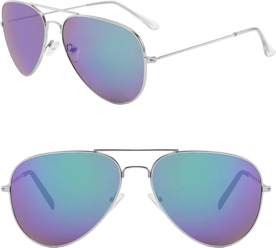 Fako Fashion® - Piloten Zonnebril - Pilotenbril - Piloot Zonnebril - Heren Zonnebril - Dames Zonnebril - Zilver - Blauw/Groen van Fako Fashion®