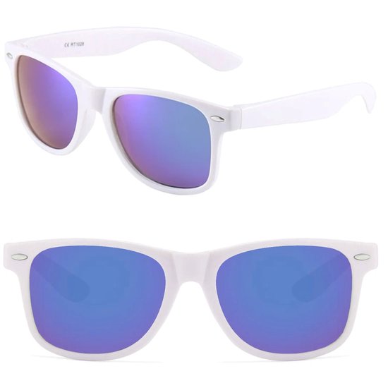 Fako Sunglasses® - Heren Zonnebril - Dames Zonnebril - Classic - UV400 - Wit Frame - Blauw/Paars Spiegel van Fako Sunglasses®