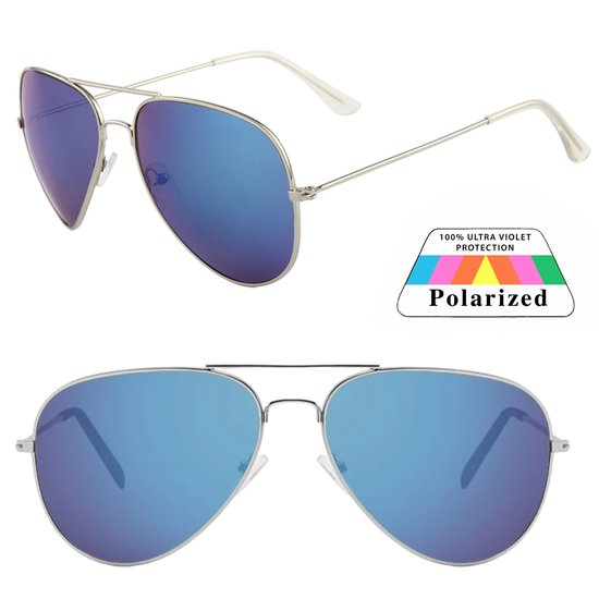 Fako Sunglasses® - Pilotenbril - Polariserend - Polarized - Piloot Zonnebril - Heren Zonnebril - Dames Zonnebril - Zilver - Blauw van Fako Sunglasses®