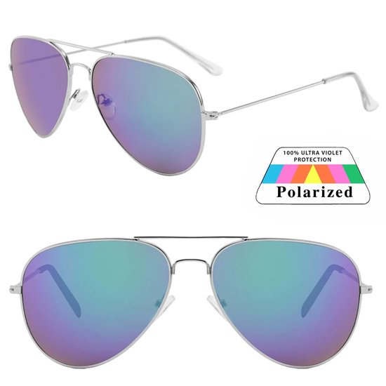 Fako Sunglasses® - Pilotenbril - Polariserend - Polarized - Piloot Zonnebril - Heren Zonnebril - Dames Zonnebril - Zilver - Blauw/Groen van Fako Sunglasses®