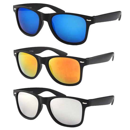 Fako Sunglasses® - Zonnebrillen Set - 3 stuks - Mat Zwart - Spiegelglazen van Merkloos