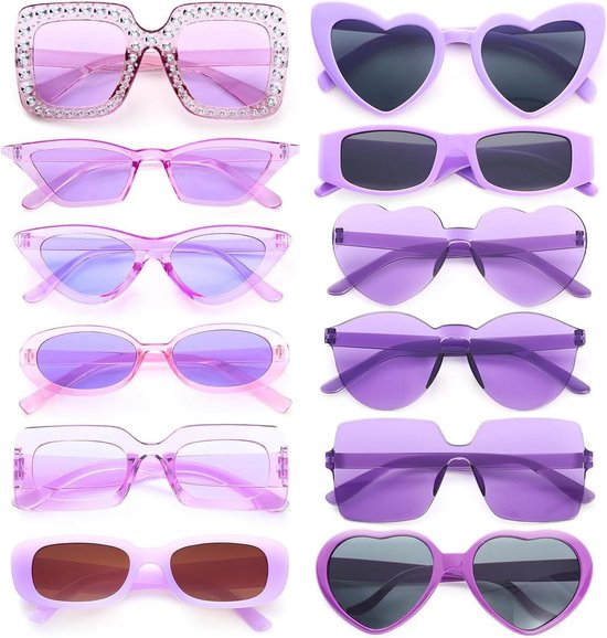 Feest Zonnebrillen Set - 90s Party Brillen - Carnaval Accessoires - 12 Verschillende Stijlen - Universele Maat - Paars van Merkloos