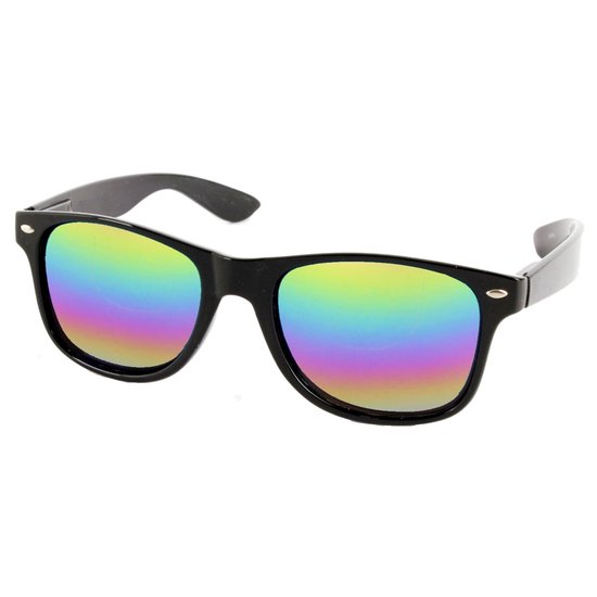 Festival Zonnebril - Mat Zwart Frame - Regenboog Spiegelglazen van Merkloos