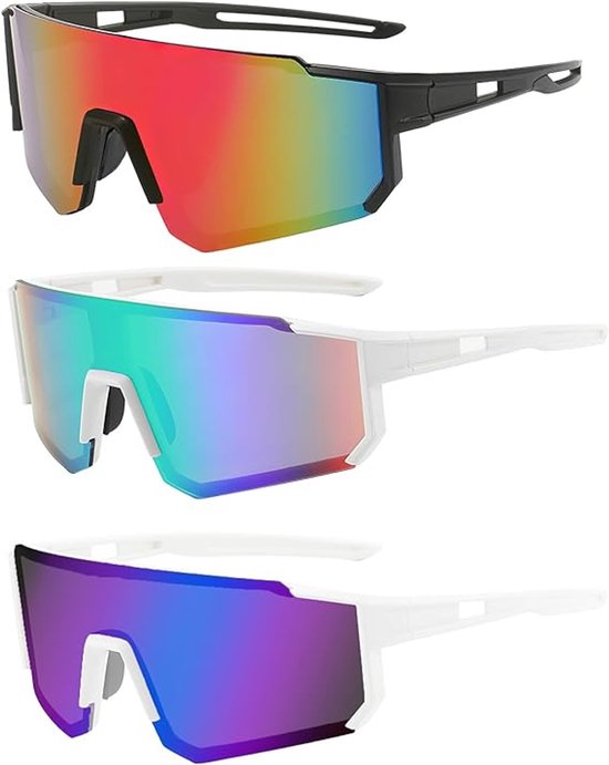 Fietszonnebrillen, driedelige set voor dames en heren, racefietszonnebrillen met UV400-bescherming, geschikt voor fietsen, motorrijden, hardlopen, skiën, honkbal, vissen en beachvolleybal. van Merkloos
