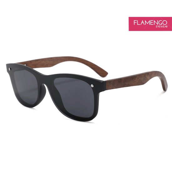 FLAMENGO Randloze Zonnebril – Sunglasses - Festival - Sport - Wintersport – Strand - Ski zonnebril - UV400 – Gepolariseerd - Geschikt voor dames/heren – Stijlvol Design – Zwart met houten poten - incl. brillenzakje van FLAMENGO