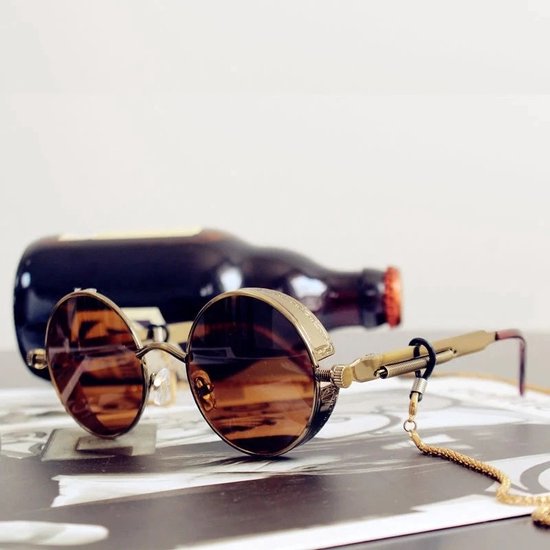 Fler® - Retro Steampunk Zonnebril - Sunglasses - Zonnebril met UV400 en polarisatie filter - Goudkleurige montuur, Zilverkleurige glazen van Fler