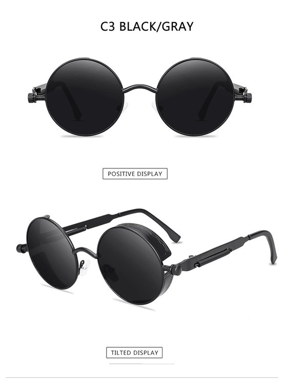 Fler® | Retro Steampunk Zonnebril - Sunglasses - Zonnebril met UV400 en polarisatie filter - Zwarte montuur, Grijze glazen