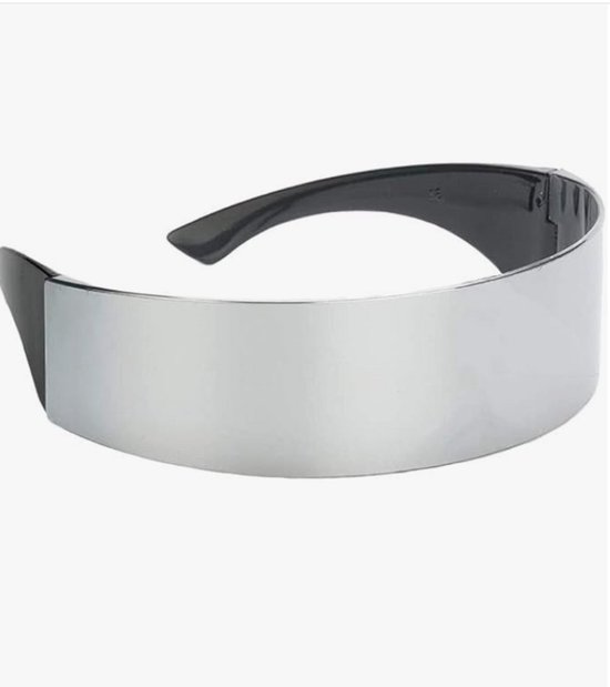 Futuristische smalle cycloop zilveren kleur gespiegelde lens vizier zonnebril fancy dress kostuum van Blossom zout