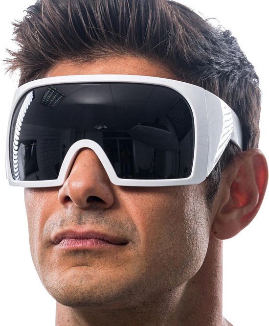 - Futuristische zonnebril, getinte glazen, feestbril | Flat-top-ontwerp met doorlopende glazen voorkant, accessoire voor festivals en feesten, spiegelende look