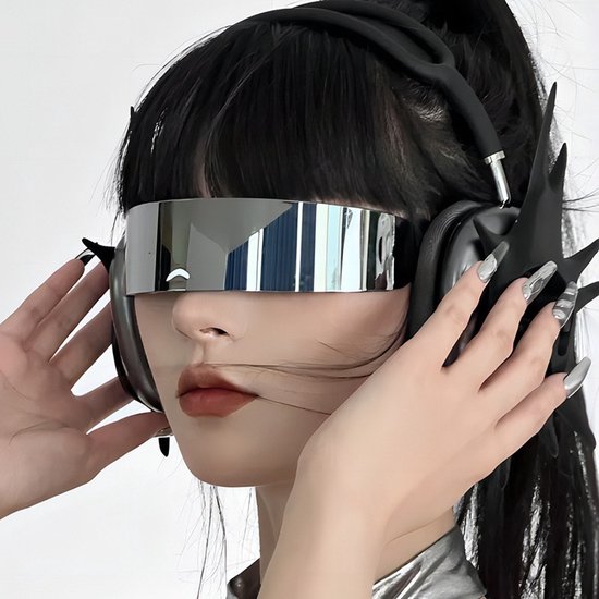 Futuristische zonnebril Y2K Space Cyclops Wrap Around Bril Randloos Doorzichtige Spiegelglazen van Merkloos
