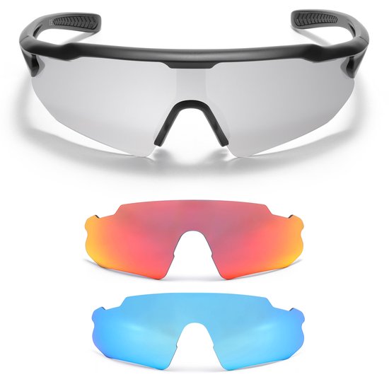 GearGlow Sport Zonnebril Set - Zwart - Unisex - Gepolariseerd Glas - Inclusief 2 vervangende lenzen