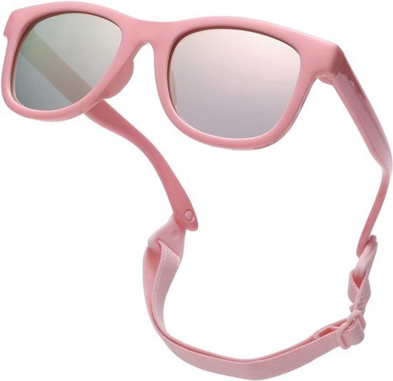 Gepolariseerde babyzonnebril met riem voor peuters 0-24 maanden - Roze frame, gespiegelde lens