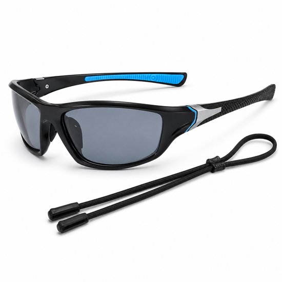 Gepolariseerde Sportzonnebril voor Heren - UV400 Bescherming Fietsbril en Hardloop Zonnebril - Ultralichte Visserszonnebril met Antislip PC Montuur - Inclusief Brillenband en Etui -Zwart frame, blauwe poten, grijze afwerking
