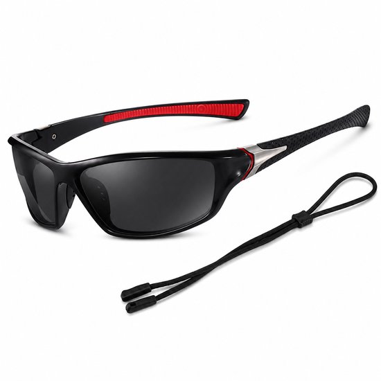 Gepolariseerde Sportzonnebril voor Heren - UV400 Bescherming Fietsbril en Hardloop Zonnebril - Ultralichte Visserszonnebril met Antislip PC Montuur - Inclusief Brillenband en Etui - Zwart frame, rode poten, grijze afwerking