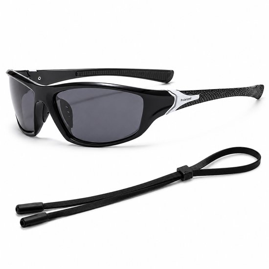 Gepolariseerde Sportzonnebril voor Heren - UV400 Bescherming Fietsbril en Hardloop Zonnebril - Ultralichte Visserszonnebril met Antislip PC Montuur - Inclusief Brillenband en Etui - Zwart frame, zwarte poten, grijze afwerking