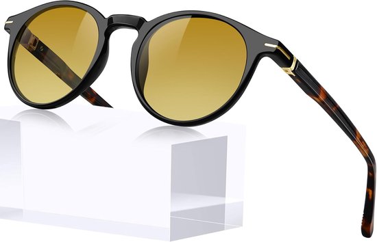 Gepolariseerde Zonnebril Dames Heren Rond UV400 | TR90 Montuur,Acetaat Pootjes,Koperen Scharnieren,25g,Autorijden,Reizen,Retro,Mode,Elegant,Vintage,Trendy,Dagelijks Gebruik