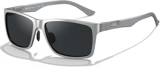 Gepolariseerde zonnebril voor heren met rechthoekig metalen frame en koolstofvezel bril, poten, UV400, CAT 3 CE 8206, zilver frame, grijze lens), Zilveren frame, grijze lens