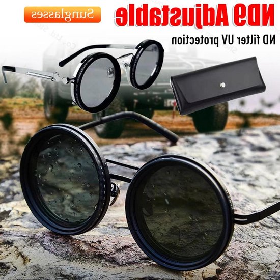 Goodivery - Zonnebril met verstelbare dimbaarheid - UV400 bescherming - Retro Punk - Ronde heren zonnebril - Outdoor activiteiten - Polariserende rijzonnebril - Geschikt voor autorijden - Zwart model met ND9 - van Merkloos