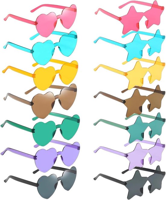 Hart Zonnebrillen - Ster Zonnebrillen - Feest Accessoires - Frameloos Design - 14 Stuks - Gekleurd van Merkloos