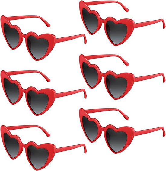 Hartjes Zonnebril - Hartjes Bril - 6 Pack - Kunststof- Feestbrillen - Retro cat-eye bril - Zonnebril Party Accessoires - Unisex - Feestelijke benodigdheden - De ideale keuze voor bruiloften, feestdagen en themafeesten - Rood