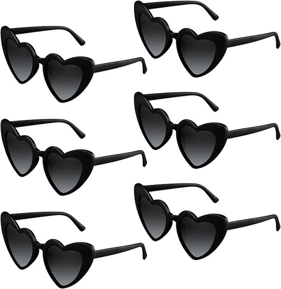 Hartjes Zonnebril - Hartjes Bril - 6 Pack - Kunststof- Feestbrillen - Retro cat-eye bril - Zonnebril Party Accessoires - Unisex - Feestelijke benodigdheden - De ideale keuze voor bruiloften, feestdagen en themafeesten - Zwart
