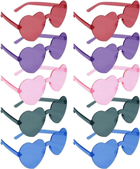 Hartjes Zonnebrillen - Feestbrillen Dames Heren - Feestelijke Accessoires - Rimless Transparant Design - 10 Stuks - Gekleurd