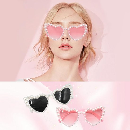 Hartvormige zonnebril met parels - roze tint voor zomer feesten en festivals