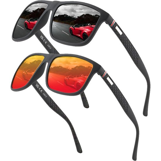 HAUSS SPOLE Piloten Zonnebril Gepolariseerd Heren Dames - UV400 Bescherming Tegen Reflectie - Voor Autorijden Reizen Vakantie - Lichtgewicht Comfort Pasvorm - PC Materiaal - 2 Stuks - Rood+Zwart