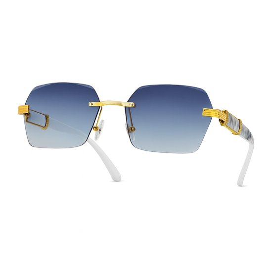 Heren Zonnebril – Randloos Design – Goudkleurig Detail – Blauwe Gradient Glazen – Witte Pootjes met Marmerlook van Merkloos