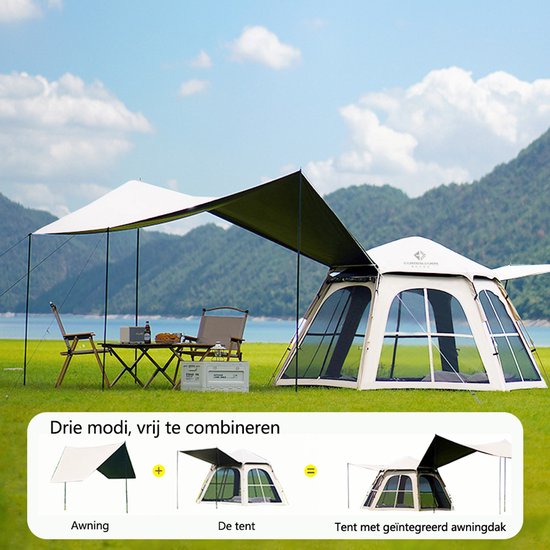 Hexagon Tent met Uitneembaar Buitendoek - 3-Seconden Pop Up - Waterdicht - 3-5 Persoons - 240x280x150cm - Met Verzilverde UV-Block Coating - Wit van Sekey