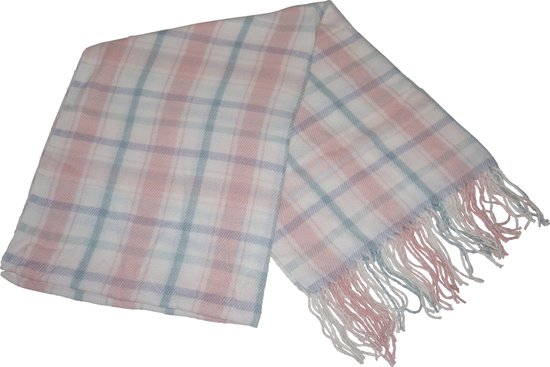 Hidzo Sjaal - 175cm_68cm - Katoen - Multicolor - Lichtroze/Blauw/Wit