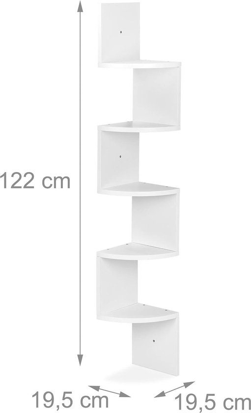 Hoek wandrek 5 planken 122 x 195 x 195 cm - Hangende boekenkast zigzag design - Wit MDF planken Cool Box Stand van Casaria