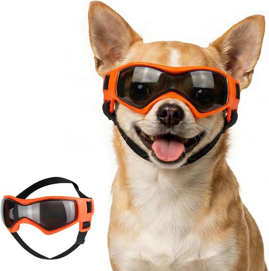 Hondenbril voor extra kleine honden, uv-bescherming, hondenzonnebril met verstelbare riemen, motorbril voor kleine honden, oranje, XS