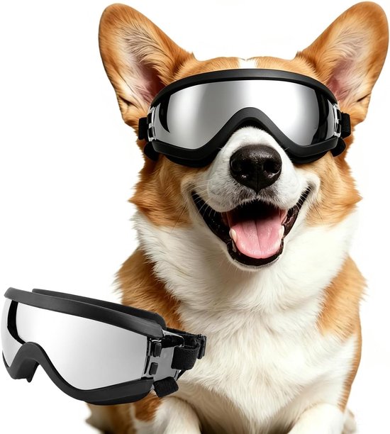 Hondenbril voor middelgrote honden, verstelbaar, waterdicht, winddicht, uv-bescherming, zonnebril voor middelgrote honden, zilver