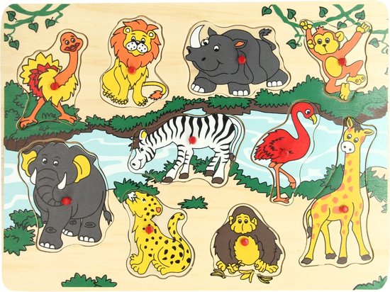 Houten noppen puzzel wilde dieren van Houten