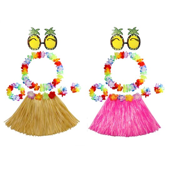 Inovra- Hoelah-grasrok Set - Natuurlijke/Klassieke Kleuren - Roze Grasrok - Bloemenlei - Ananas Zonnebril - Elastisch en Bewegingsvriendelijk - Feestkostuum