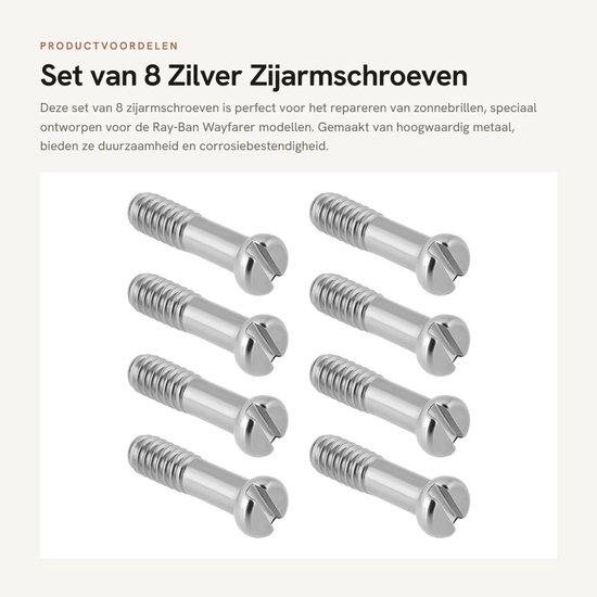 Inovra- Zijarmschroeven 8x - Compatibel met Ray-Ban Wayfarer RB2140 - Plat - Metaal - Corrosiebestendig - Eenvoudige installatie - Brilonderdelen