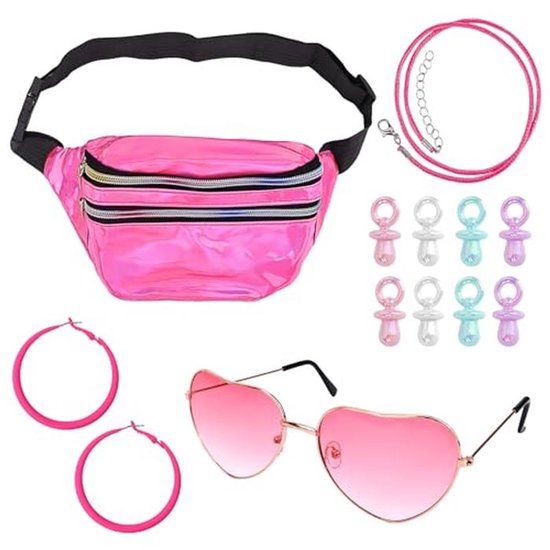Jaren 90 en 80 feestoutfit voor vrouwen met hartvormige zonnebril en neon accessoires van Merkloos