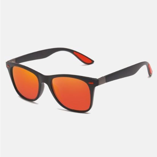 Jendi Trendy EK Oranje Zonnebril - Zwart - Rode Pootjes - Festival - Festivalbril - Evenement- Zon - Polarised - Gepolariseerd - Vintage - Oranje Glazen - Mannen en Vrouwen - Vierkant Frame -Festivalbril - Feestbril - Concertbril van Jendi