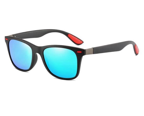 Jendi Trendy Zonnebril - Zwart - Rode Pootjes - Festival - Festivalbril - Evenement- Zon - Polarised - Gepolariseerd - Vintage - Blauwe Glazen - Mannen en Vrouwen - Vierkant Frame -Festivalbril - Feestbril - Concertbril -