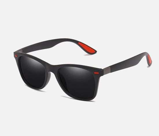Jendi Trendy Zonnebril - Zwart - Rode Pootjes - Festival - Festivalbril - Evenement- Zon - Polarised - Gepolariseerd - Vintage - Zwarte Glazen - Mannen en Vrouwen - Vierkant Frame -Festivalbril - Feestbril - Concertbril -