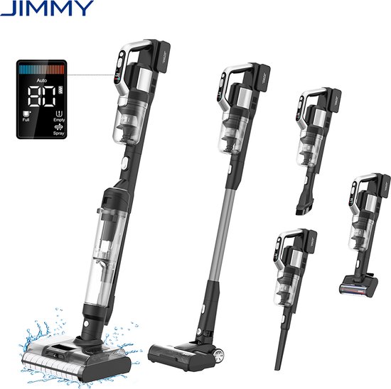 JIMMY PW11 Pro Max 5-in-1 snoerloze stofzuiger en reiniger, 460 W sterk vermogen, dubbele reiniging met dubbele borstelrollen, snelle droging met hete lucht, LED-scherm, 180° platliggend ontwerp, zilver-zwart - EU-stekker van JIMMY