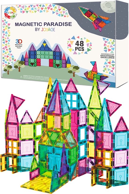 Joyage Magnetic tiles - 48stuks - Constructie speelgoed jongens - Magnetische bouwstenen - Magnetisch Speelgoed bouwblokken - Magnetische tegels bouwstenen - Magna tastisch Knikkerbanen - Montessori Speelgoed knikkerbaan - Kinderspeelgoed montessori van Joyage