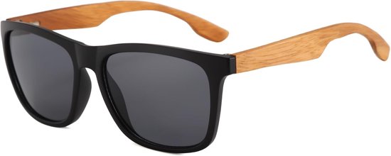 Keeper Houten zonnebril heren dames klassieke retro zwarte zonnebril met houten beugel unisex gespiegelde bril donkere glazen UV400-bescherming