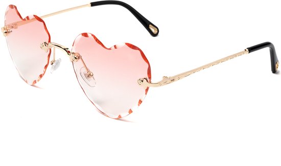 KIMU Diamanten Hart Zonnebril - Goud Montuur - Roze Glazen - Hartjes Bril Diamant Kristal Geslepen Rand Hartje Liefde Valentijn Rosé Carnaval van Merkloos