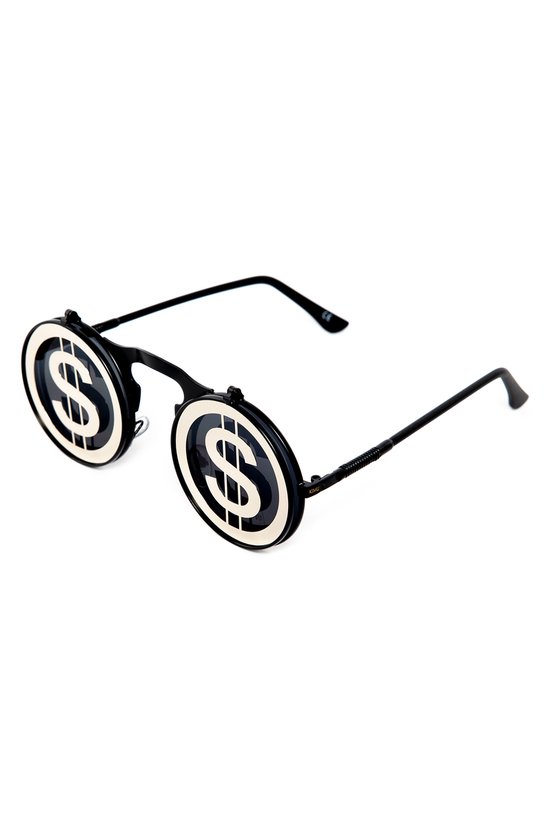 KIMU Flip Up Zonnebril Dollartekens - Zwart Montuur - Zilver Zwarte Glazen - Geld Money Dollars Miljonair Steampunk Vintage Opplakbaar Bril Festival van KIMU