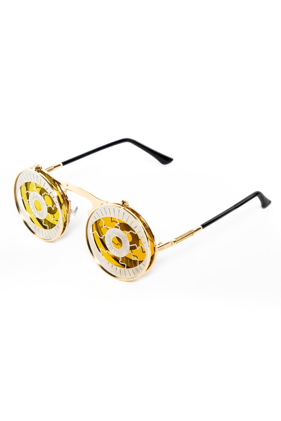 KIMU Flip Up Zonnebril Ogen - Goud Montuur - Zilver Oranje Glazen - Illuminati Derde Oog Mysterie Steampunk Vintage Retro Opplakbaar Bril Festival van KIMU