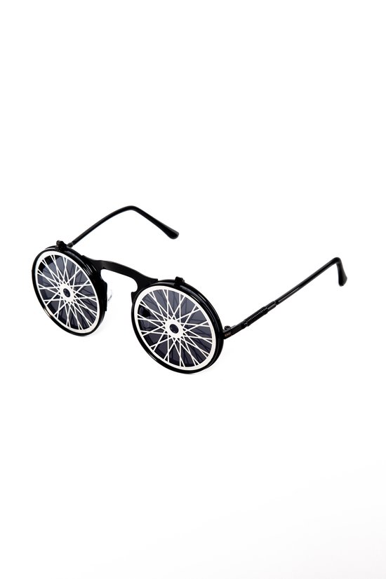 KIMU Flip Up Zonnebril Spaken - Zwart Montuur - Zilver Zwarte Glazen - Fiets Wiel Auto Mechanisch Steampunk Vintage Retro Opplakbaar Bril Festival van KIMU